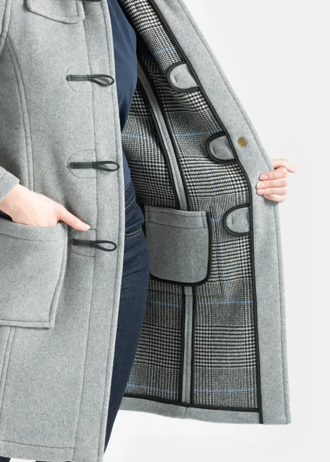 Duffle Coats*Gloverall Long Slim Fit Duffle Coat Silver Prince of Wales